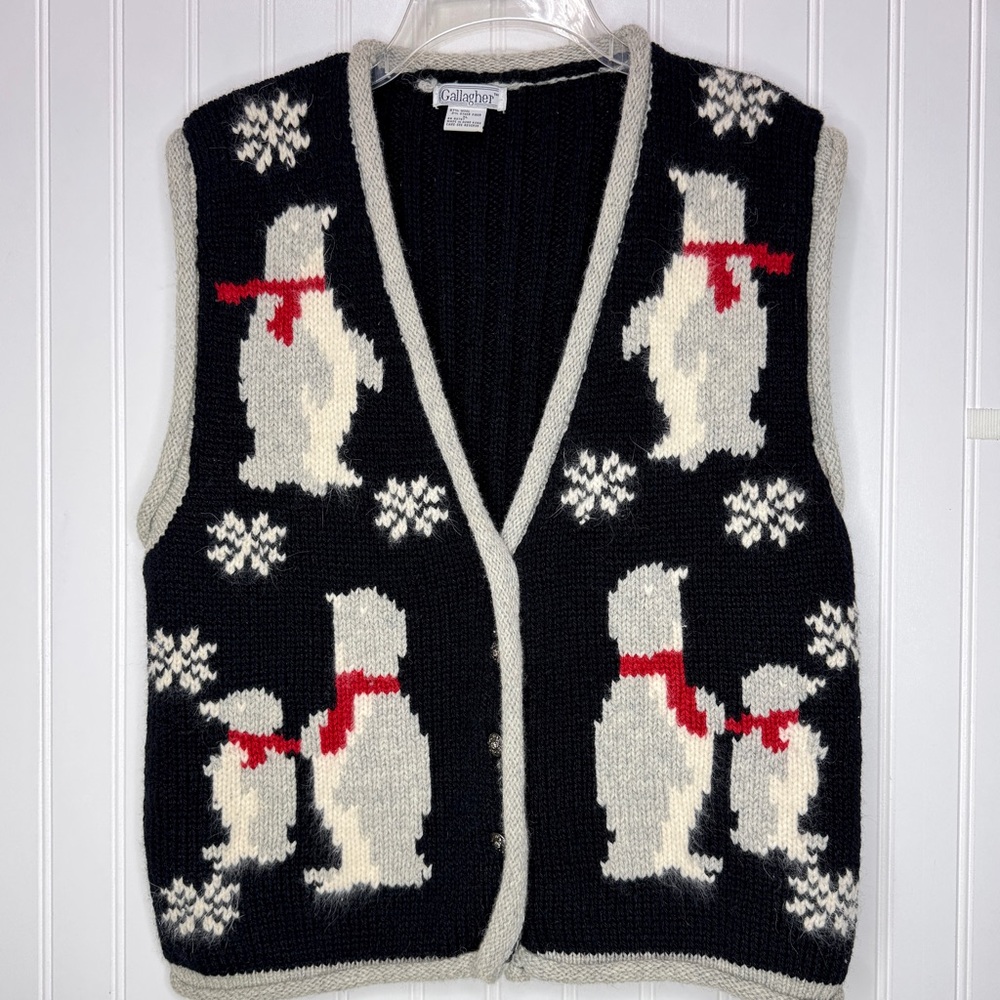 Vintage Gallaghers Christmas Vest Wool Penguins Black Buttons Novelty M/L READ